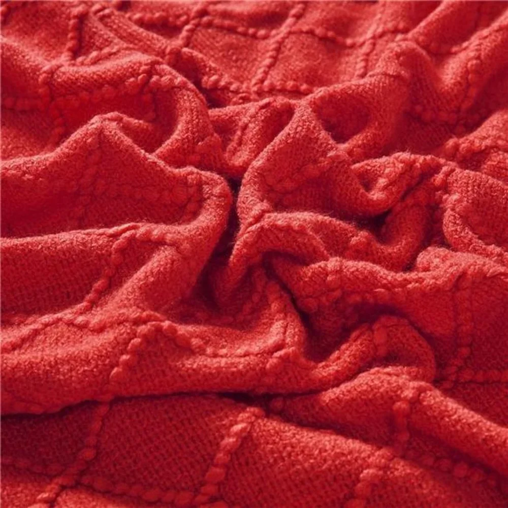 Decorative Knitted Throw Blankets Soft Cozy Blanket with Tassel, Red